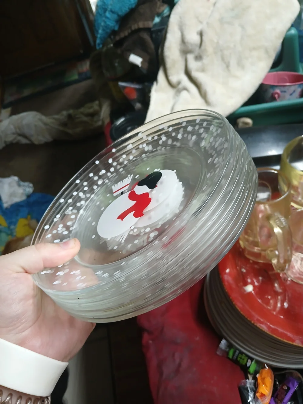 Crate & Barrel Snowman Glass Snack Dessert Plates 8” France Arcoroc ~ Set Of 8